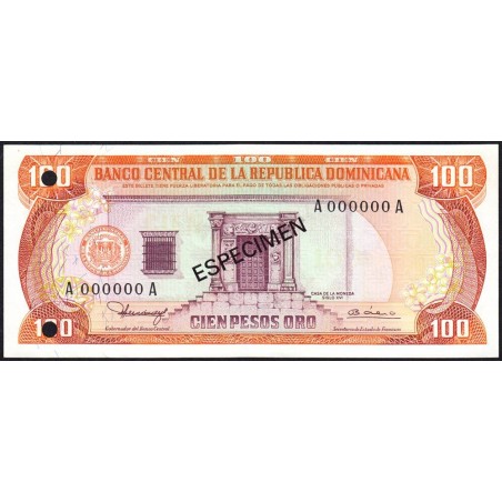 Rép. Dominicaine - Pick 122a_4s - 100 pesos oro - Série AA - 1980 - Spécimen - Etat : NEUF