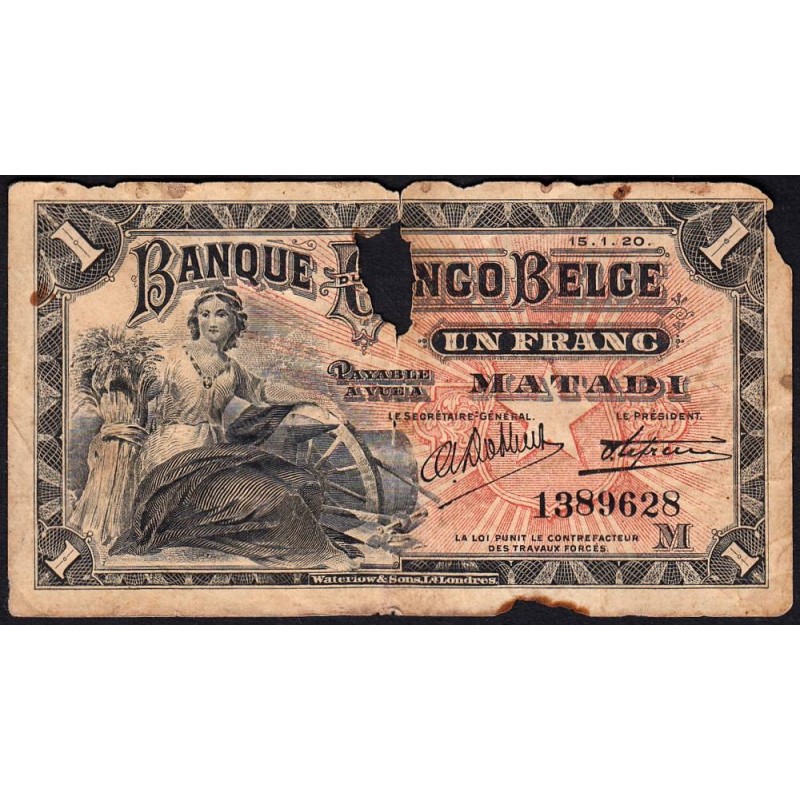 Congo Belge - Pick 3B_2 - 1 franc - Matadi - Série M - 15/01/1920 - Etat : AB