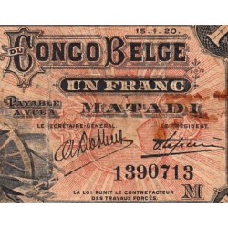 Congo Belge - Pick 3B_2 - 1 franc - Matadi - Série M - 15/01/1920 - Etat : B-