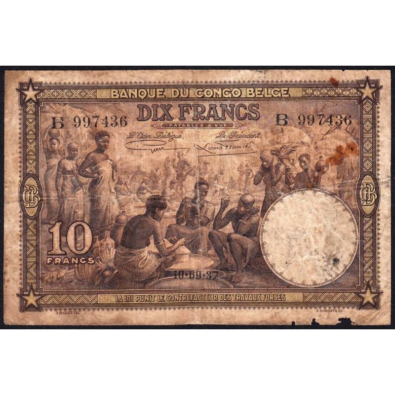 Congo Belge - Pick 9 - 10 francs - Série B - 10/09/1937 - Etat : B