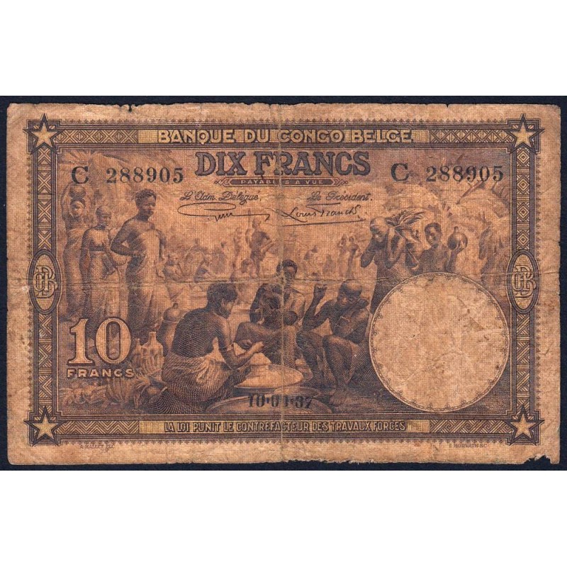 Congo Belge - Pick 9 - 10 francs - Série C - 10/09/1937 - Etat : B-