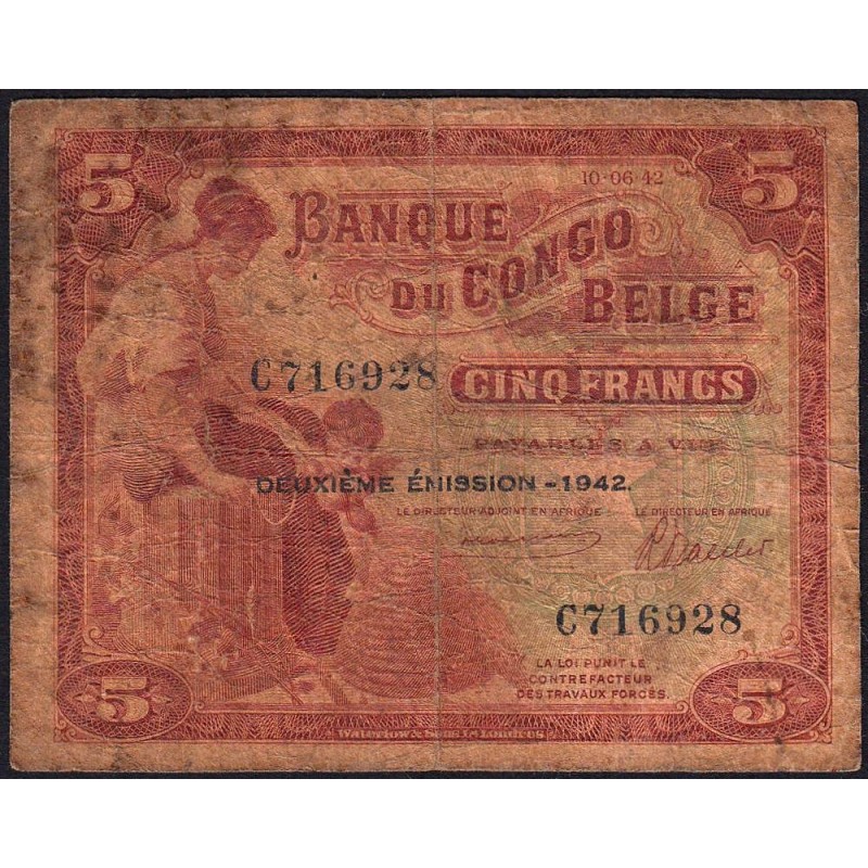 Congo Belge - Pick 13 - 5 francs - Série C - Deuxième émission - 10/06/1942 - Etat : AB