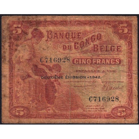 Congo Belge - Pick 13 - 5 francs - Série C - Deuxième émission - 10/06/1942 - Etat : AB