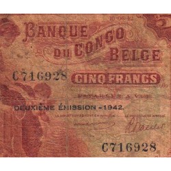 Congo Belge - Pick 13 - 5 francs - Série C - Deuxième émission - 10/06/1942 - Etat : AB