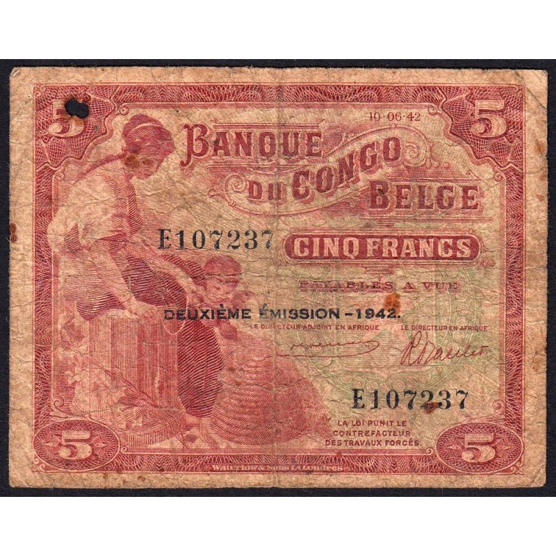 Congo Belge - Pick 13 - 5 francs - Série E - Deuxième émission - 10/06/1942 - Etat : B