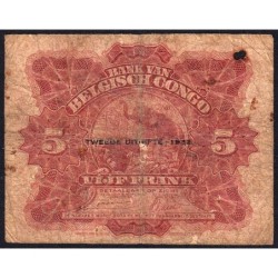Congo Belge - Pick 13 - 5 francs - Série E - Deuxième émission - 10/06/1942 - Etat : B
