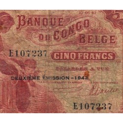 Congo Belge - Pick 13 - 5 francs - Série E - Deuxième émission - 10/06/1942 - Etat : B