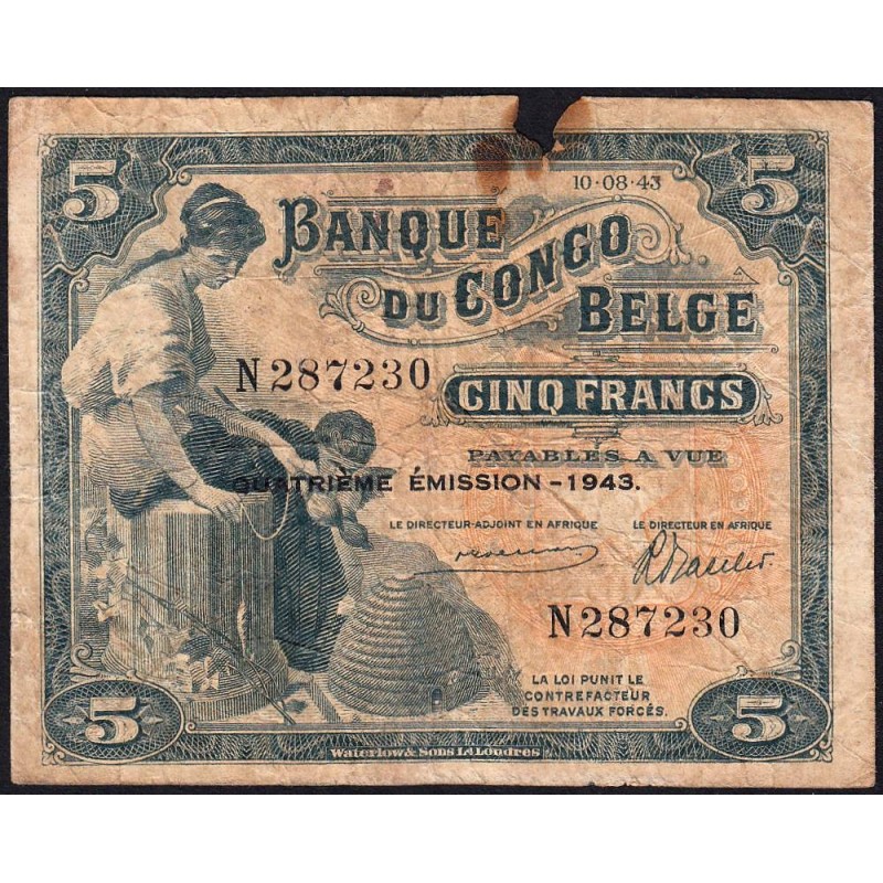 Congo Belge - Pick 13Ab - 5 francs - Série N - Quatrième émission - 10/08/1943 - Etat : B