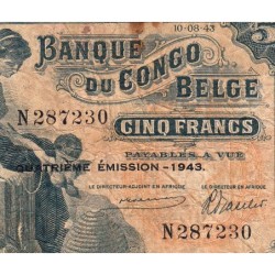 Congo Belge - Pick 13Ab - 5 francs - Série N - Quatrième émission - 10/08/1943 - Etat : B