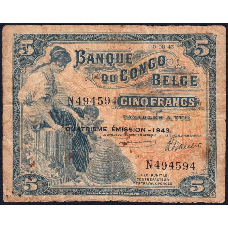 Congo Belge - Pick 13Ab - 5 francs - Série N - Quatrième émission - 10/08/1943 - Etat : TB-