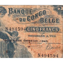 Congo Belge - Pick 13Ab - 5 francs - Série N - Quatrième émission - 10/08/1943 - Etat : TB-