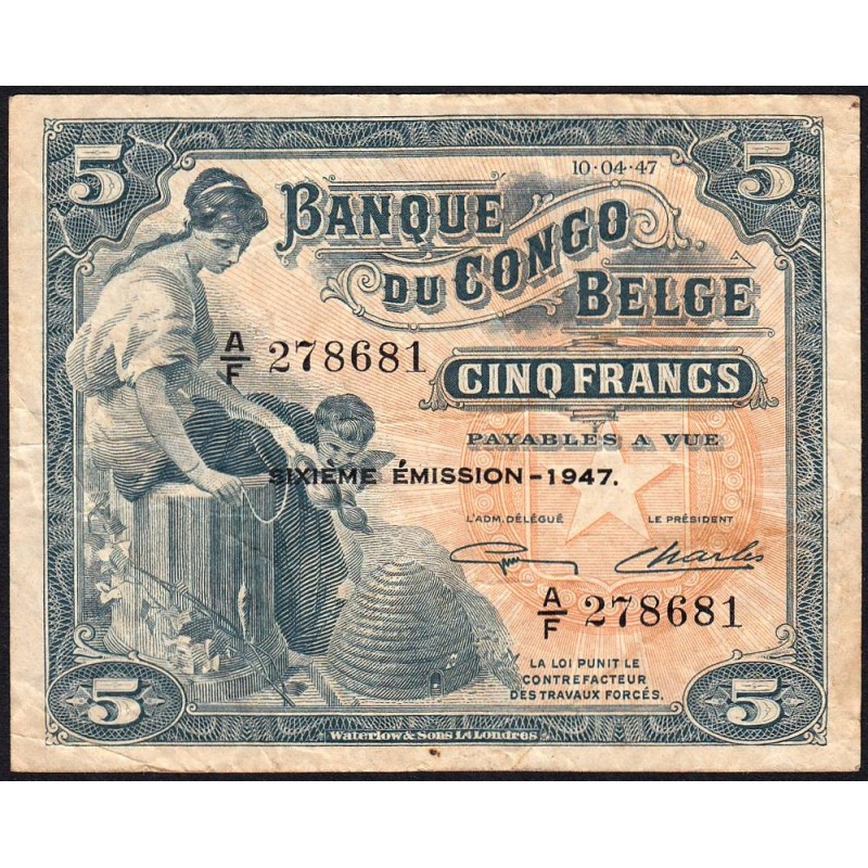 Congo Belge - Pick 13Ad - 5 francs - Série A/F - Sixième émission - 10/04/1947 - Etat : TB+