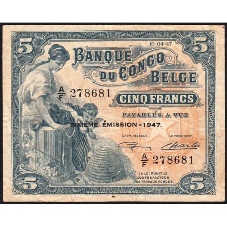 Congo Belge - Pick 13Ad - 5 francs - Série A/F - Sixième émission - 10/04/1947 - Etat : TB+