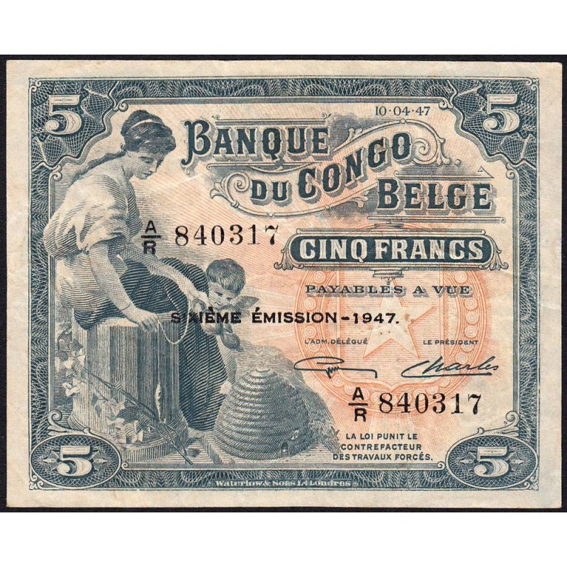 Congo Belge - Pick 13Ad - 5 francs - Série A/R - Sixième émission - 10/04/1947 - Etat : TTB