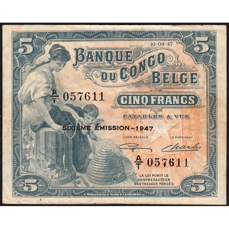 Congo Belge - Pick 13Ad - 5 francs - Série A/T - Sixième émission - 10/04/1947 - Etat : TTB