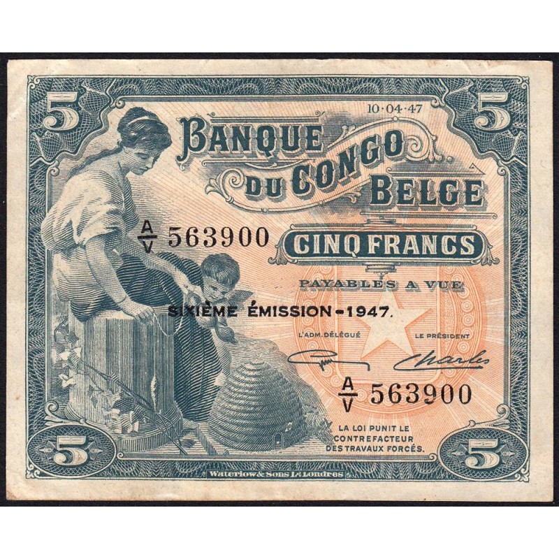Congo Belge - Pick 13Ad - 5 francs - Série A/V - Sixième émission - 10/04/1947 - Etat : TTB+