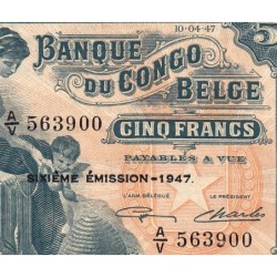 Congo Belge - Pick 13Ad - 5 francs - Série A/V - Sixième émission - 10/04/1947 - Etat : TTB+