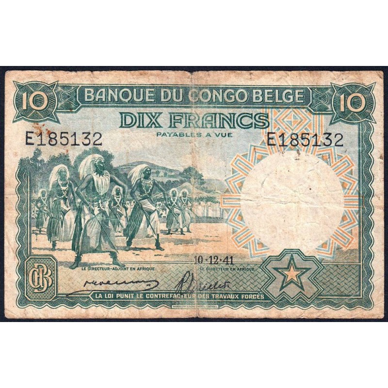 Congo Belge - Pick 14 - 10 francs - Série E - 10/12/1941 - Etat : TB-