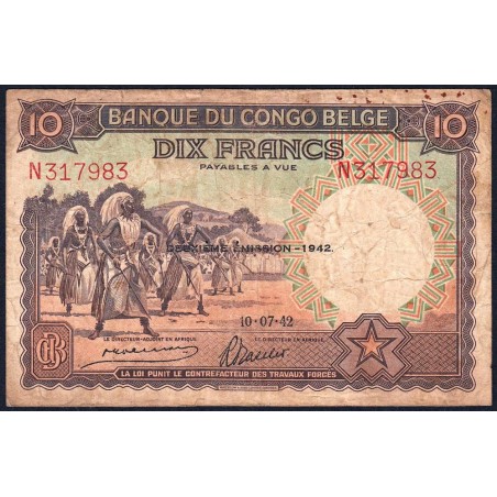 Congo Belge - Pick 14B - 10 francs - Série N - Deuxième émission - 10/07/1942 - Etat : B+