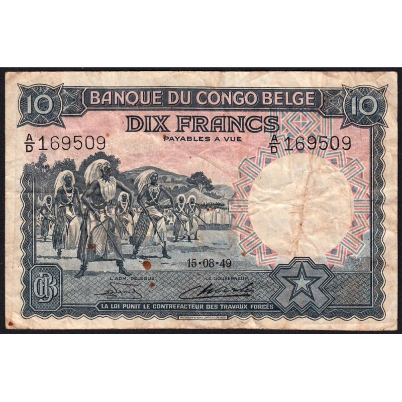 Congo Belge - Pick 14E_2 - 10 francs - Série A/D - 15/08/1949 - Etat : B+