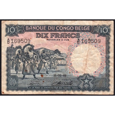 Congo Belge - Pick 14E_2 - 10 francs - Série A/D - 15/08/1949 - Etat : B+