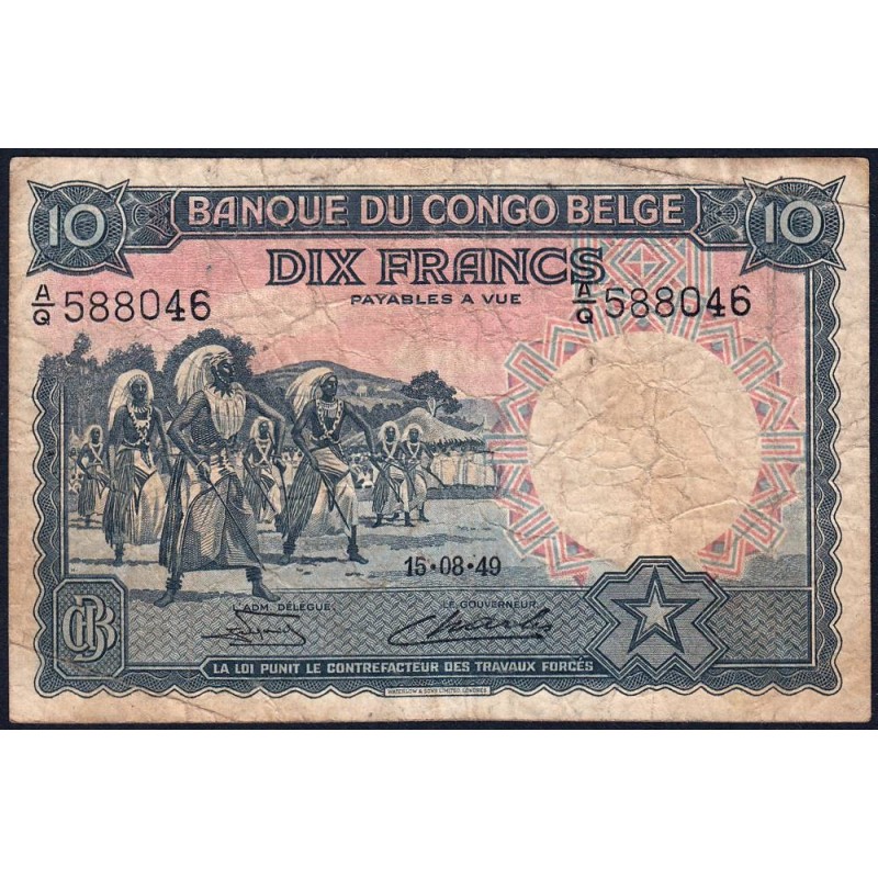 Congo Belge - Pick 14E_2 - 10 francs - Série A/Q - 15/08/1949 - Etat : B