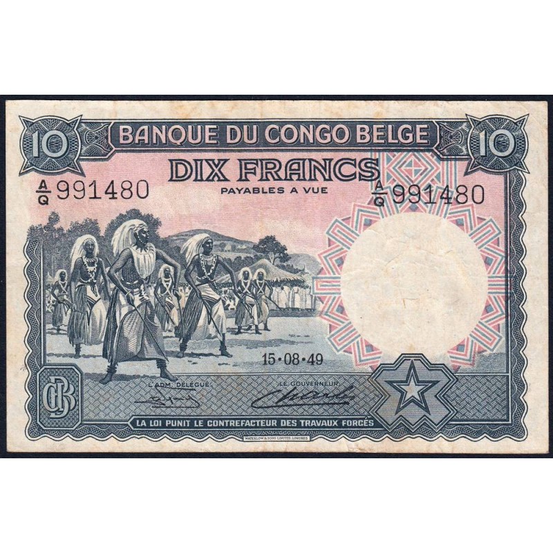 Congo Belge - Pick 14E_2 - 10 francs - Série A/Q - 15/08/1949 - Etat : TB+