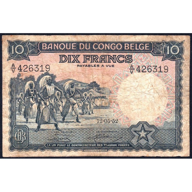 Congo Belge - Pick 14E_4 - 10 francs - Série A/V - 12/05/1952 - Etat : B+