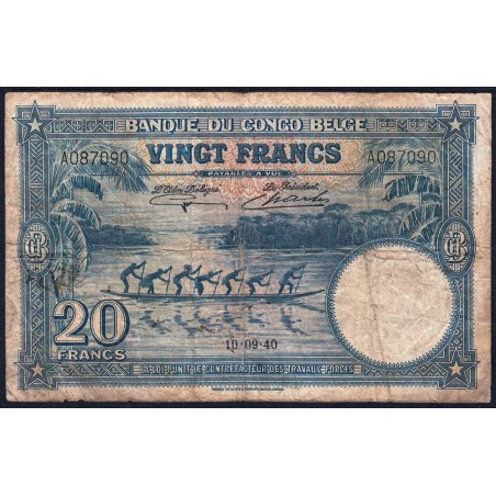 Congo Belge - Pick 15 - 20 francs - Série A - 10/09/1940 - Etat : B+
