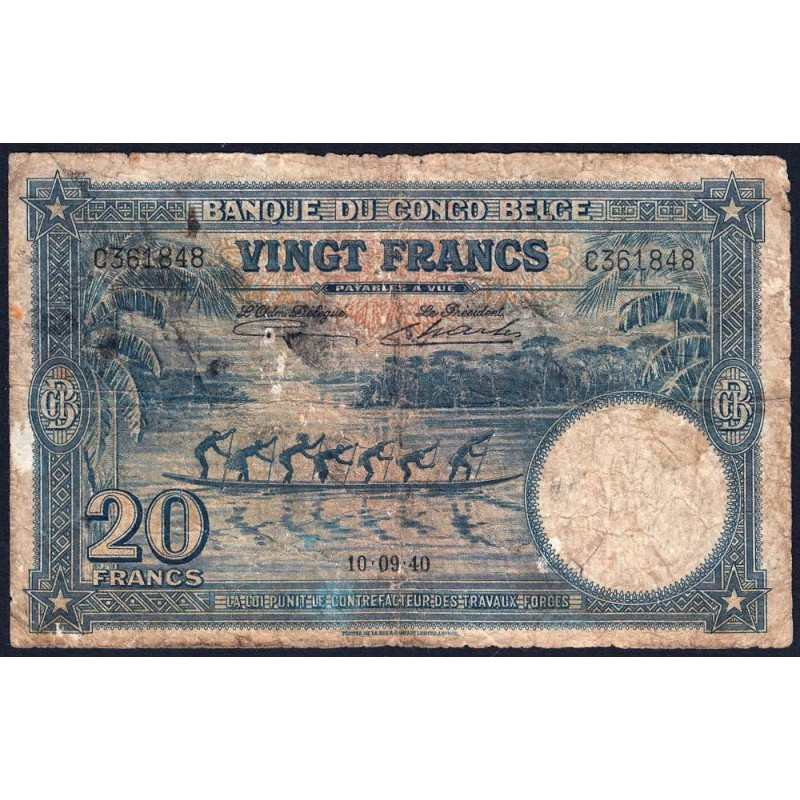 Congo Belge - Pick 15 - 20 francs - Série C - 10/09/1940 - Etat : B-