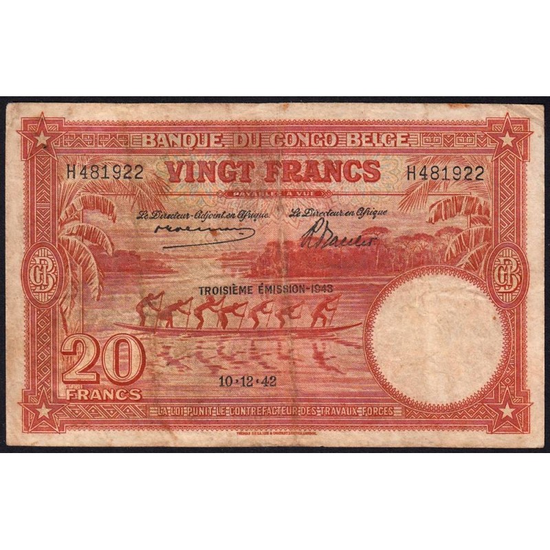 Congo Belge - Pick 15B - 20 francs - Série H - Troisième émission - 10/12/1942 - Etat : TB-