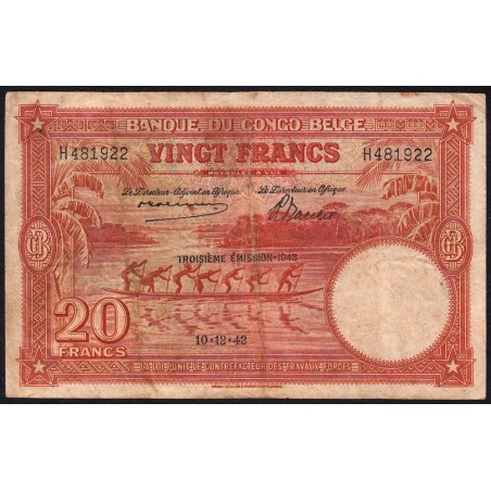 Congo Belge - Pick 15B - 20 francs - Série H - Troisième émission - 10/12/1942 - Etat : TB-
