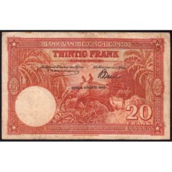 Congo Belge - Pick 15B - 20 francs - Série H - Troisième émission - 10/12/1942 - Etat : TB-