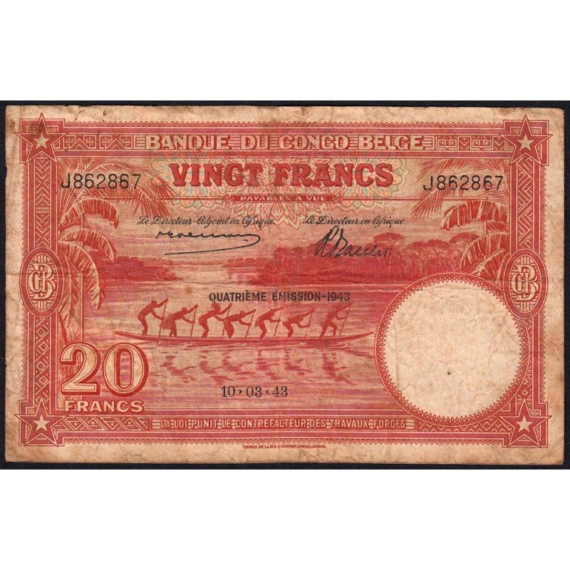 Congo Belge - Pick 15C - 20 francs - Série J - Quatrième émission - 10/03/1943 - Etat : TB-