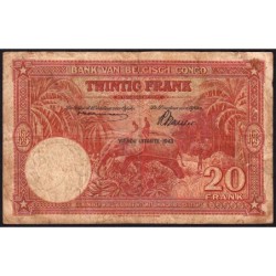 Congo Belge - Pick 15C - 20 francs - Série J - Quatrième émission - 10/03/1943 - Etat : TB-