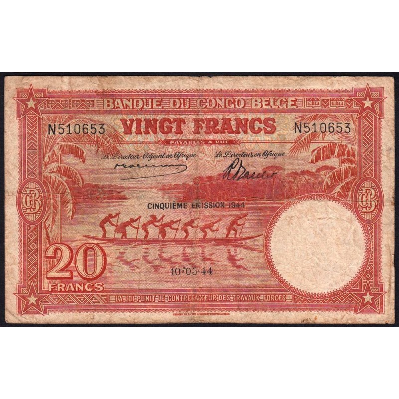 Congo Belge - Pick 15D - 20 francs - Série N - Cinquième émission - 10/5/1944 - Etat : B+