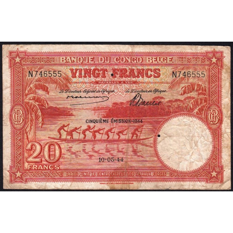 Congo Belge - Pick 15D - 20 francs - Série N - Cinquième émission - 10/5/1944 - Etat : TB-