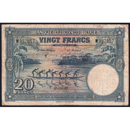 Congo Belge - Pick 15E - 20 francs - Série W - 10/04/1946 - Etat : B+