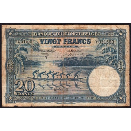 Congo Belge - Pick 15E - 20 francs - Série Y - 10/04/1946 - Etat : B