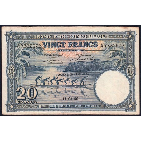 Congo Belge - Pick 15H - 20 francs - Série AY - Neuvième émission - 11/04/1950 - Etat : TTB
