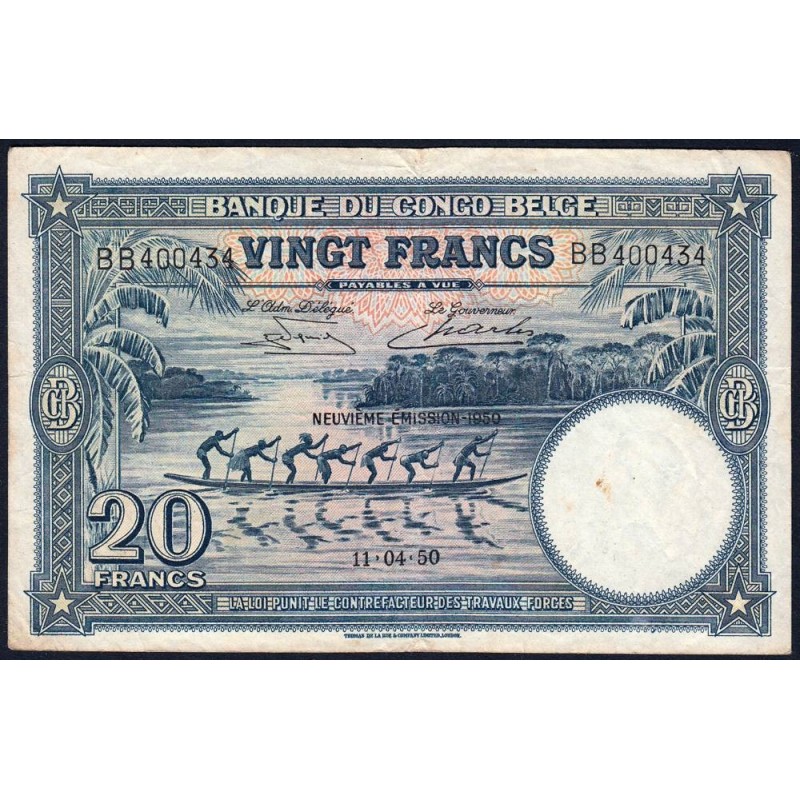 Congo Belge - Pick 15H - 20 francs - Série BB - Neuvième émission - 11/04/1950 - Etat : TTB-