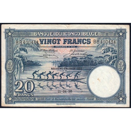 Congo Belge - Pick 15H - 20 francs - Série BB - Neuvième émission - 11/04/1950 - Etat : TTB-