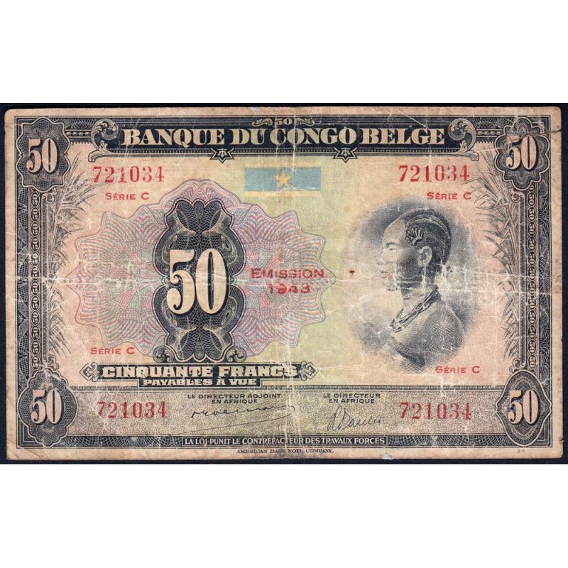 Congo Belge - Pick 16b - 50 francs - Série C - Emission 1943 - Etat : B-