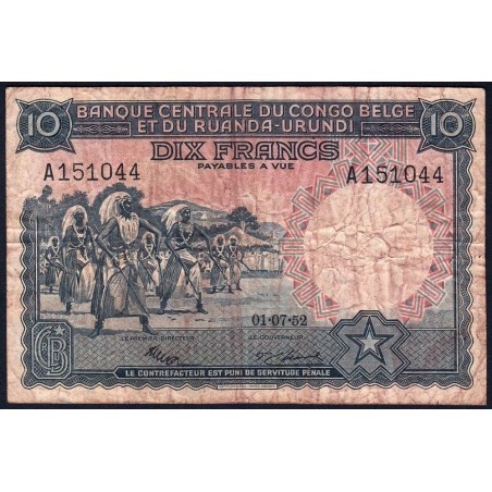 Congo Belge - Ruanda Urundi - Pick 22_1 - 10 francs - Série A - 01/07/1952 - Etat : B+