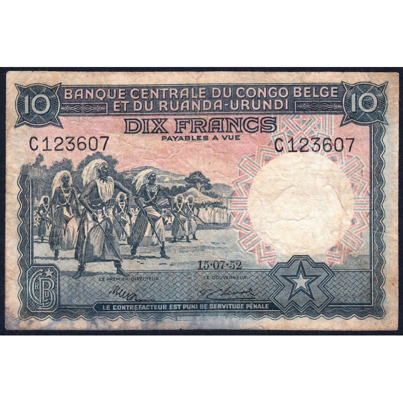 Congo Belge - Ruanda Urundi - Pick 22_2 - 10 francs - Série C - 15/07/1952 - Etat : TB-