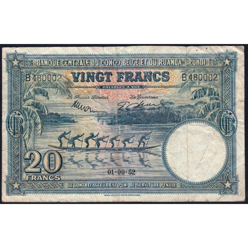 Congo Belge - Ruanda Urundi - Pick 23_2 - 20 francs - Série B - 01/09/1952 - Etat : TB-