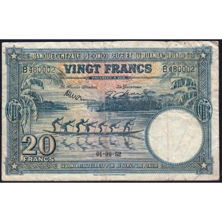 Congo Belge - Ruanda Urundi - Pick 23_2 - 20 francs - Série B - 01/09/1952 - Etat : TB-