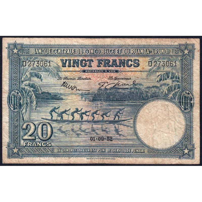 Congo Belge - Ruanda Urundi - Pick 23_2 - 20 francs - Série D - 01/09/1952 - Etat : TB-