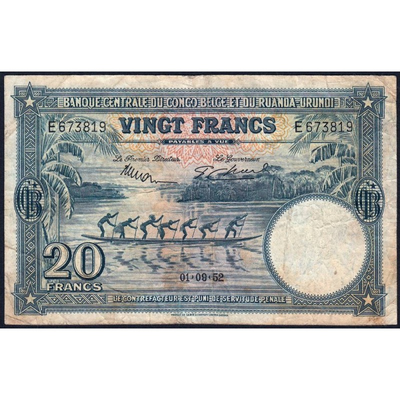 Congo Belge - Ruanda Urundi - Pick 23_2 - 20 francs - Série E - 01/09/1952 - Etat : TB-