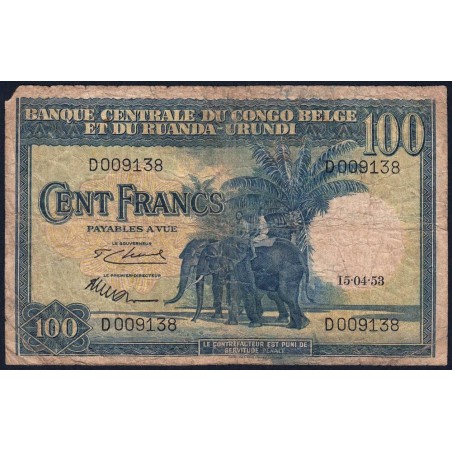 Congo Belge - Ruanda Urundi - Pick 25a_4 - 100 francs - Série D - 15/04/1953 - Etat : B-
